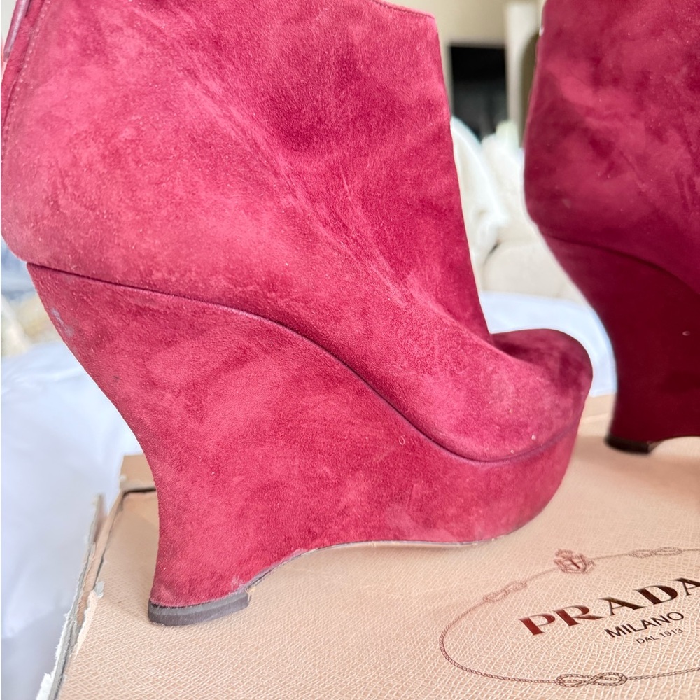 Prada Burgundy Suede Wedge Boots - Picture 2 of 15